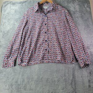 Joan Leslie Petite Womens Button Up Shirt 16P Red Blue Geometric Print Top‎